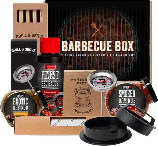 Barbecue Box met Weber items | Barbecue cadeaupakket | Hamburger pakket | Hamburger cadeaupakket | BBQ Cadeaubox | Zomerpakket | Zomer cadeau | Zomer cadeau man | BBQ accessoires cadeau | BBQ spullen cadeau | Vaderdag cadeau | Weber cadeau