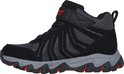 Zwarte mid-top wandelschoen met grijze panelen en rode accenten, klittenbandsluiting.