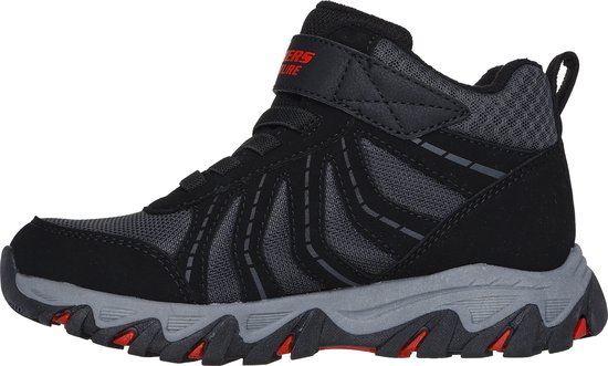 Zwarte mid-top wandelschoen met grijze panelen en rode accenten, klittenbandsluiting.