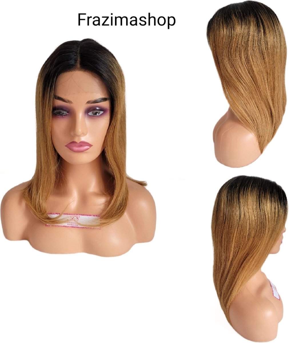 Frazimashop- Braziliaanse Remy Dames pruiken - 14 inch- ombre steil kleur 1b/27 pruik- 100% human hair -13x1 T- lace front wigs