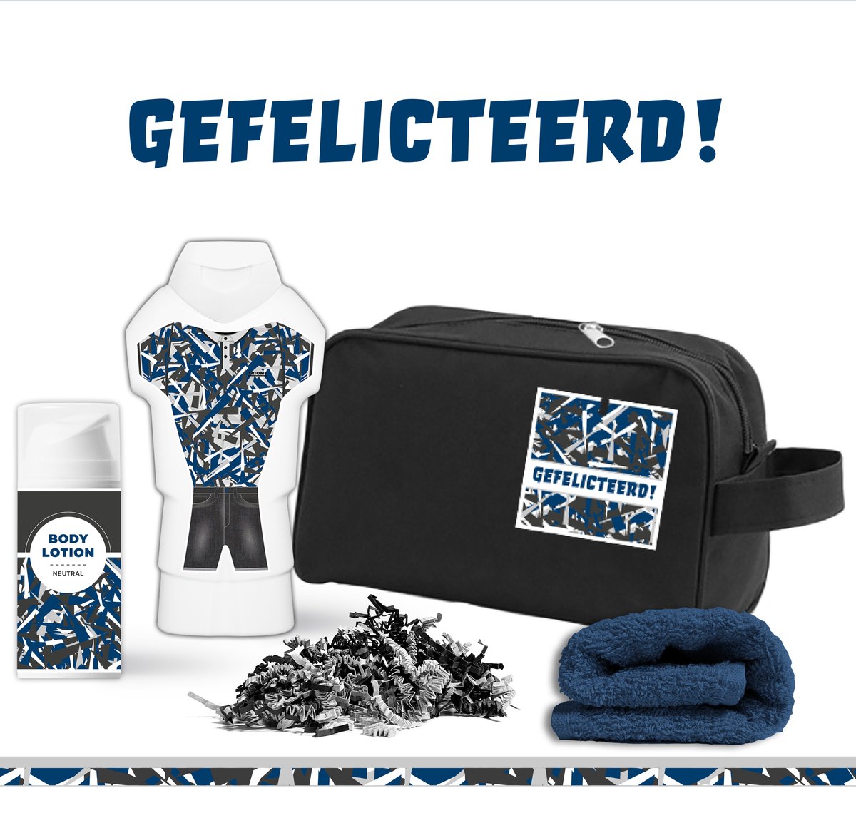 Goedkoopste Geschenkset Gefeliciteerd - 4 Producten - 450 Gram | Giftset voor hem - Geschenk set - Toilettas - Douchegel & Bodylotion Pakket Man - Jongen - Verjaardag - Vriend - Geslaagd - Cadeau Diploma - Blauw
