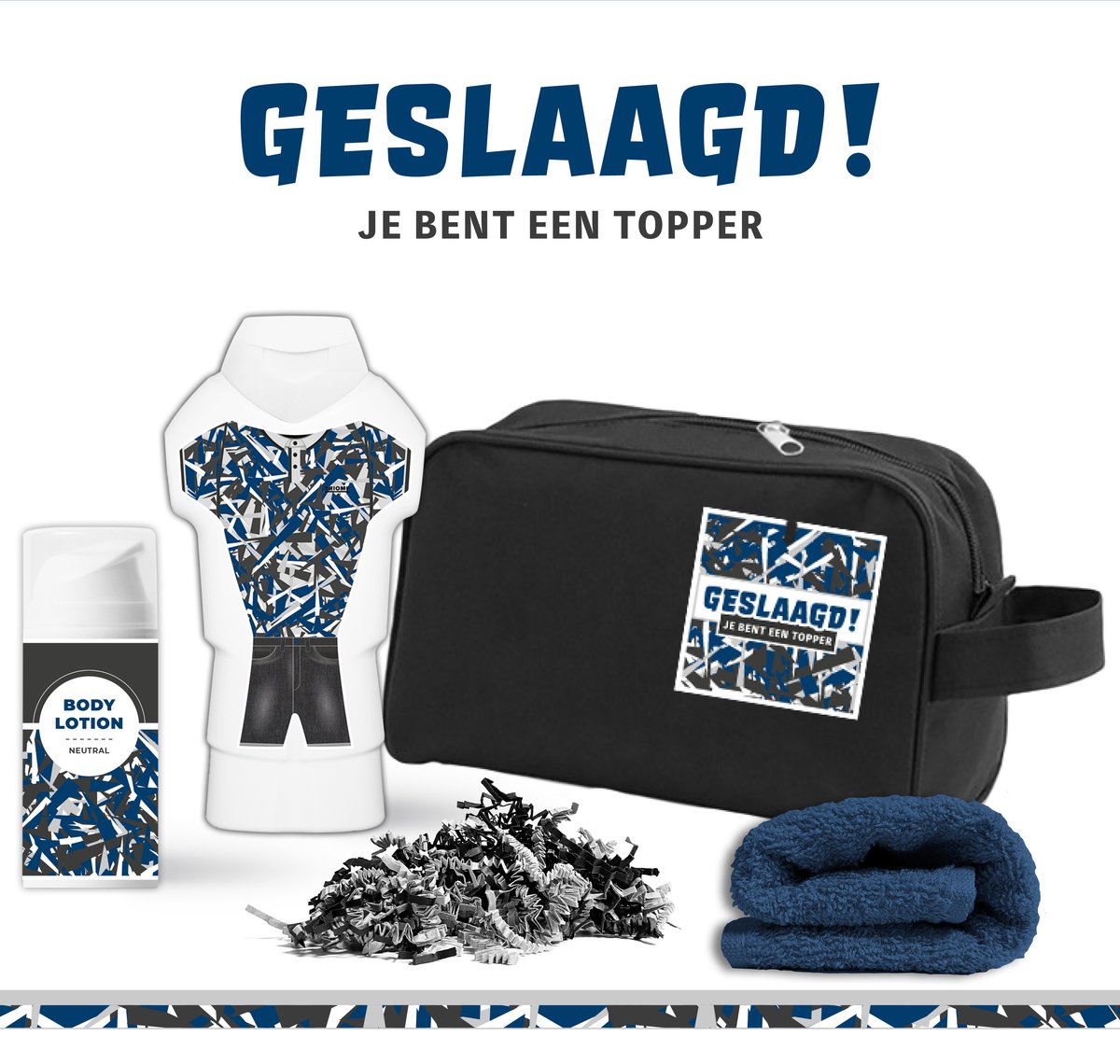Goedkoopste Geschenkset Geslaagd, je bent een topper! - 4 Producten - 450 Gram | Toilettas - Cadeau voor hem - Man - Jongen - Giftset - Geschenkset - Diploma - Gefeliciteerd - Gift Set - Cadeautje - Blauw