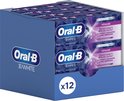 Doos met 12 tubes Oral-B 3D White Vitalize tandpasta. Klinisch bewezen formule voor wittere tanden, frisse pepermunt.