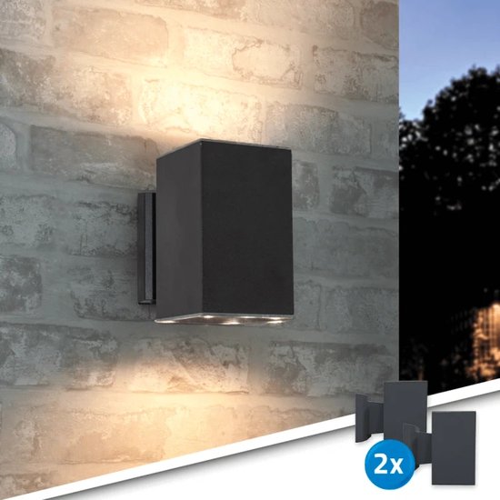 Solar wandlamp buiten 'Sverre' recht - Up down light - Voordeelset van 2 stuks - 2 lichtstanden - Warm wit licht - 2 lichtstanden -Tuinverlichting op zonne-energie geschikt voor schutting - Zwart