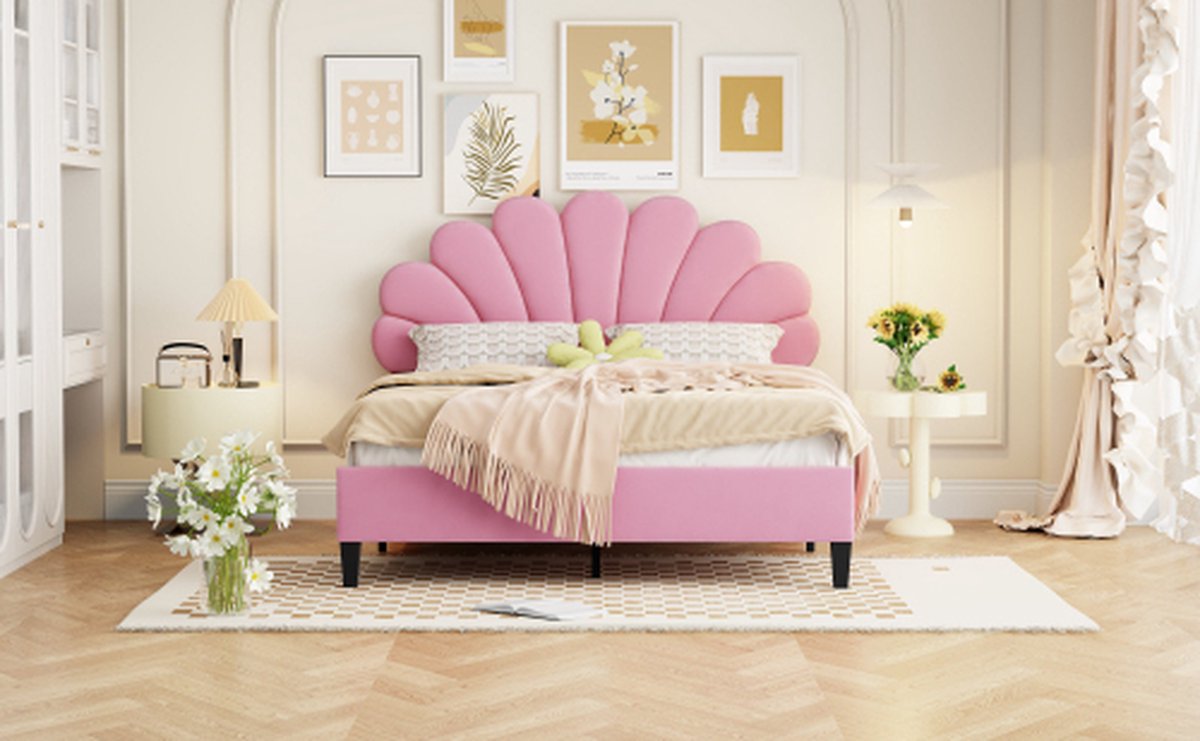 Lit Double 140x200 Cm Avec Tête De Lit Fleur - Velours Beige - Sommier à Lattes - Cadre Sans Matelas