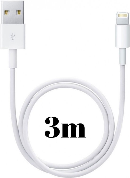 Lightning naar USB A Kabel Wit - 3 meter - Oplaadkabel voor iPhone X / XS / XS MAX / XR / 7 / 7 PLUS / 8 / 8 PLUS / 6 / 6S / 6 PLUS / 6S PLUS / 5 / 5S / SE / AirPods 1 / Airpods 2 / Airpods 3 / Airpods Pro 1