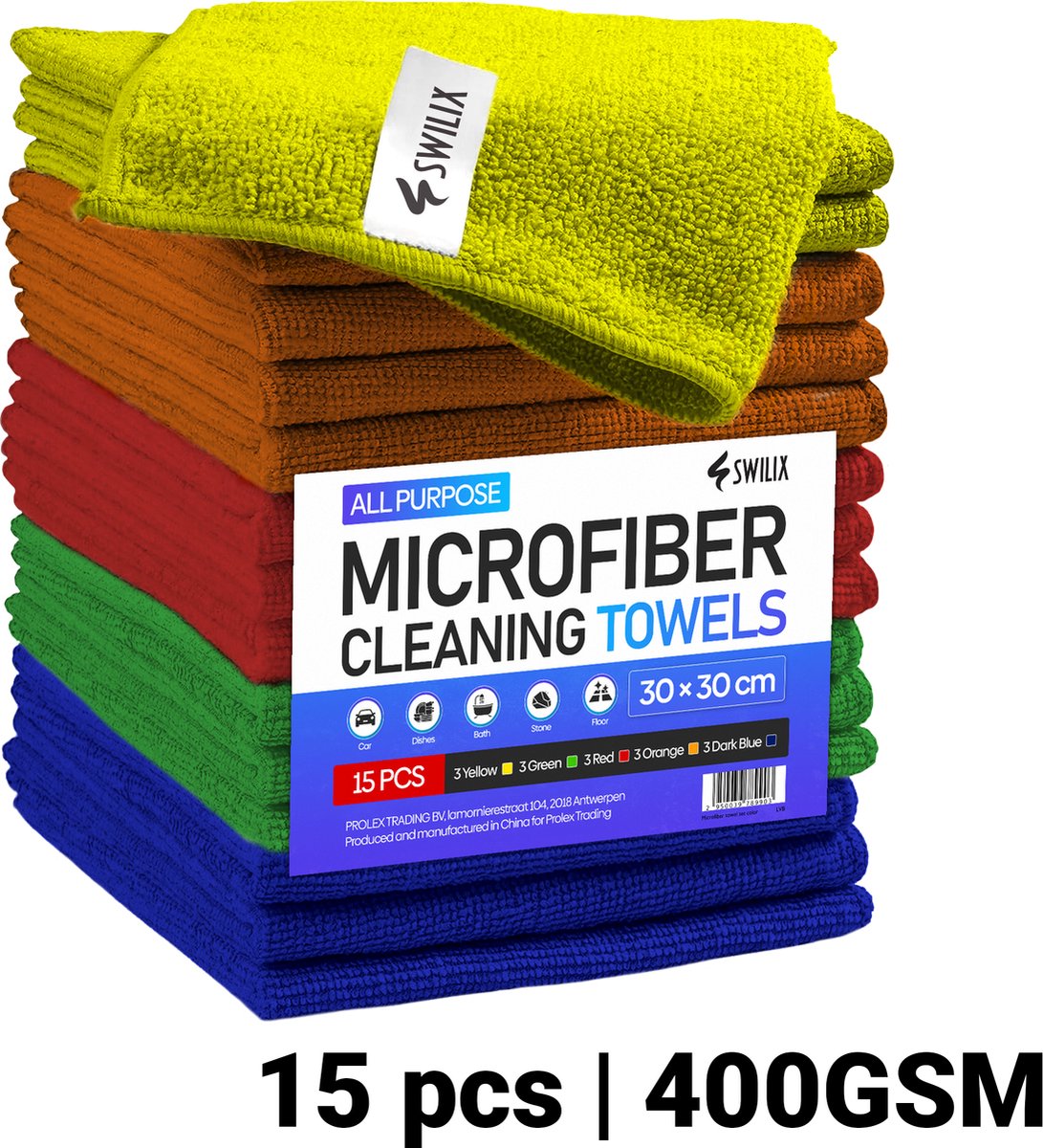 Goedkoopste SWILIX® Microvezeldoekjes - 400GSM - 15 Stuks 30 x 30 cm - Wasbaar - Schoonmaakdoekjes - Schoonmaak / Auto