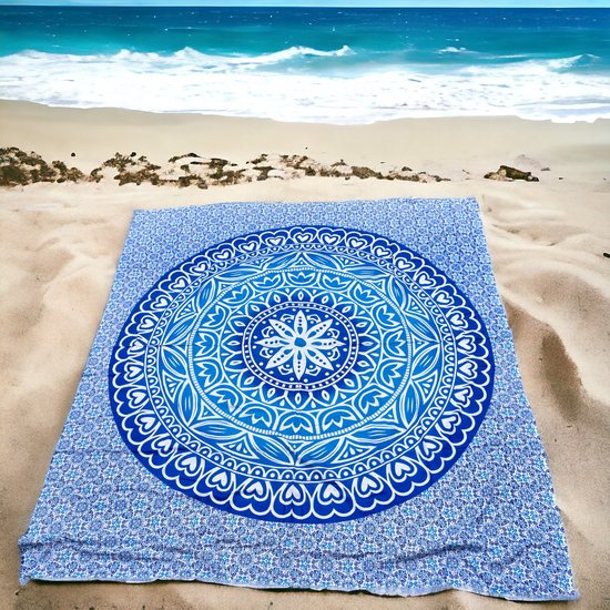 Tweepersoons strandlaken - Blauw/wit - Mandala - Duurzaam katoen - Dun strandkleed - stranddoek