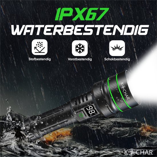 Kochar Zaklamp LED oplaadbaar - Militaire zaklamp - 5000 Lumen - 26650 Oplaadbare batterij - 6 standen - Powerbank functie - IP67 Waterdicht - Zaklamp op batterijen - Zaklamp noodpakket