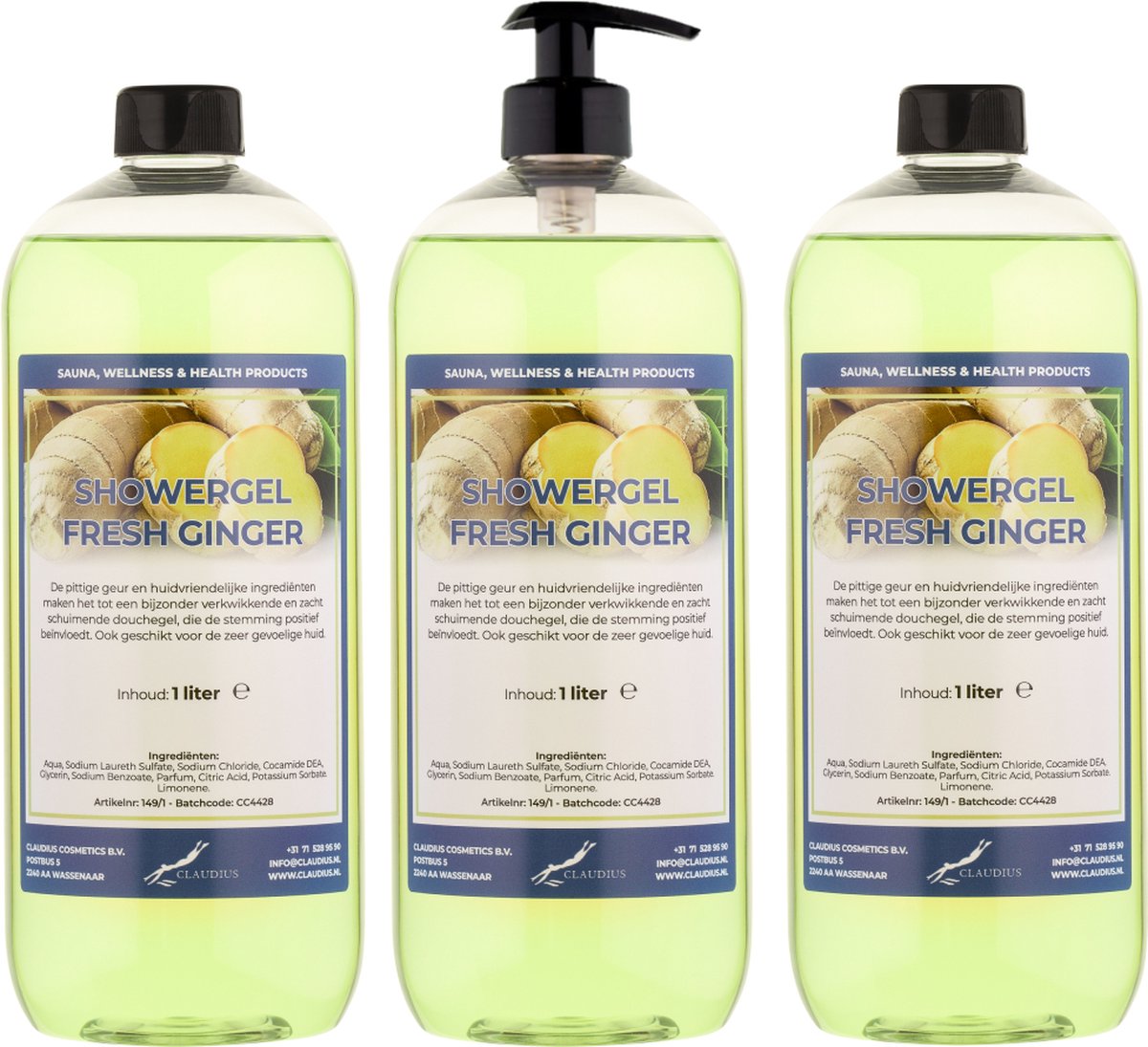 Goedkoopste Douchegel Fresh Ginger 1 liter - set van 3 stuks - met gratis pomp - showergel