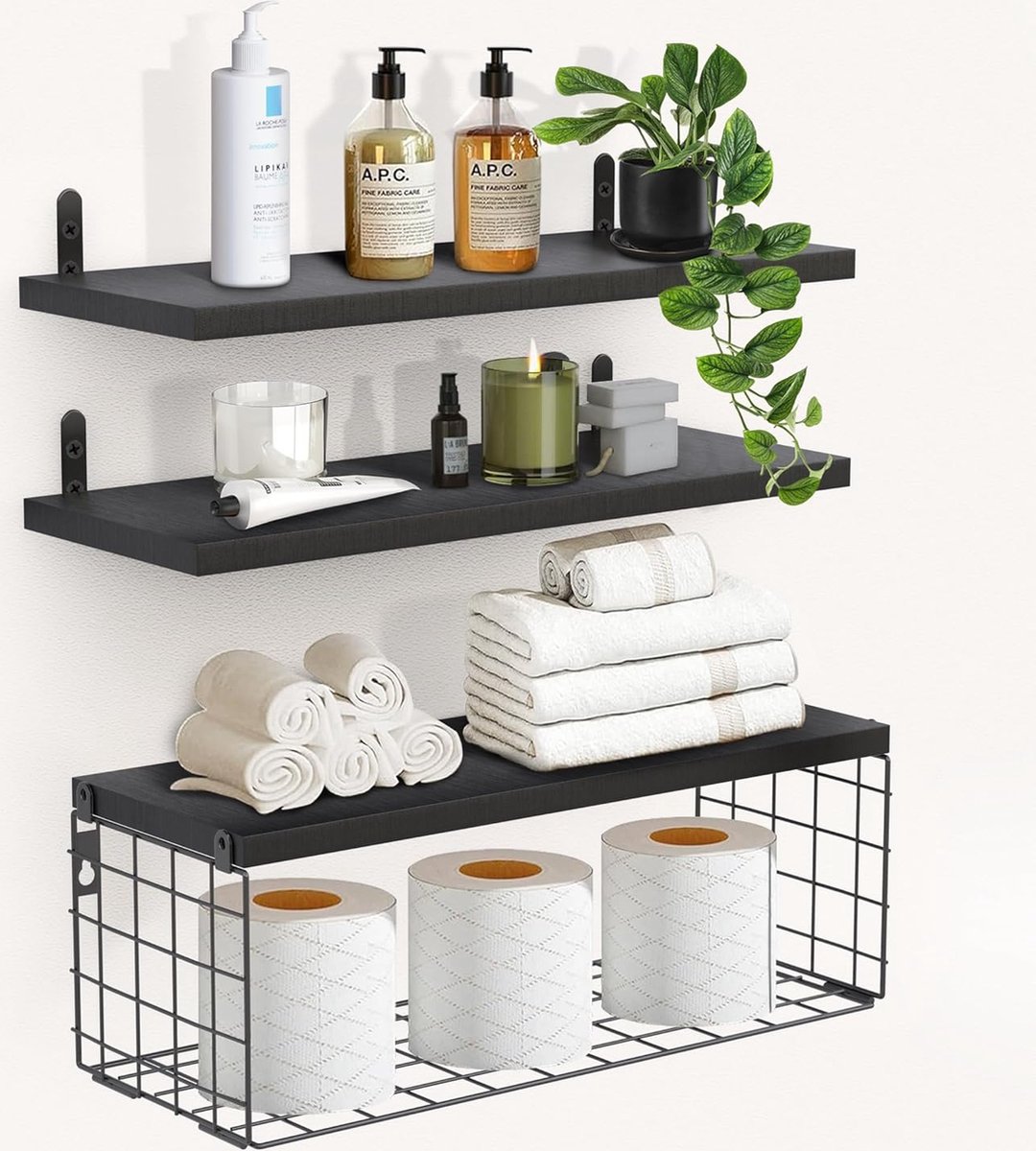 Madam Stoltz Draadwerk wandrek - set van 3 - met houten planken roodbruin
