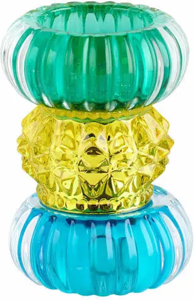 Gekleurde Glazen Waxinelichthouder - Sari - Aqua - Groen - Geel - Blauw - Glas - Kristal - Geslepen