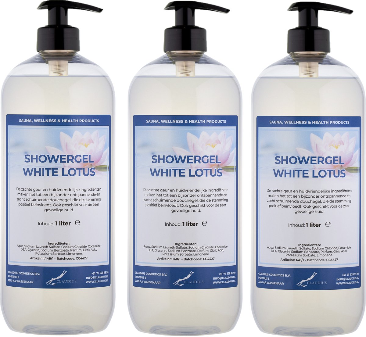 Goedkoopste Douchegel White Lotus 1 liter - set van 3 stuks - met gratis pomp - Showergel