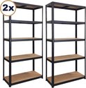 Set van twee zwarte stellingkasten met vijf houten planken, op een witte achtergrond.