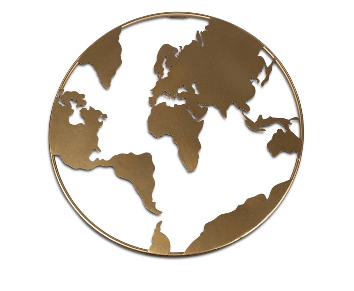 Wanddecoratie - Muur Decoratie - Ø 60cm - Wereld - Goud- Metaal