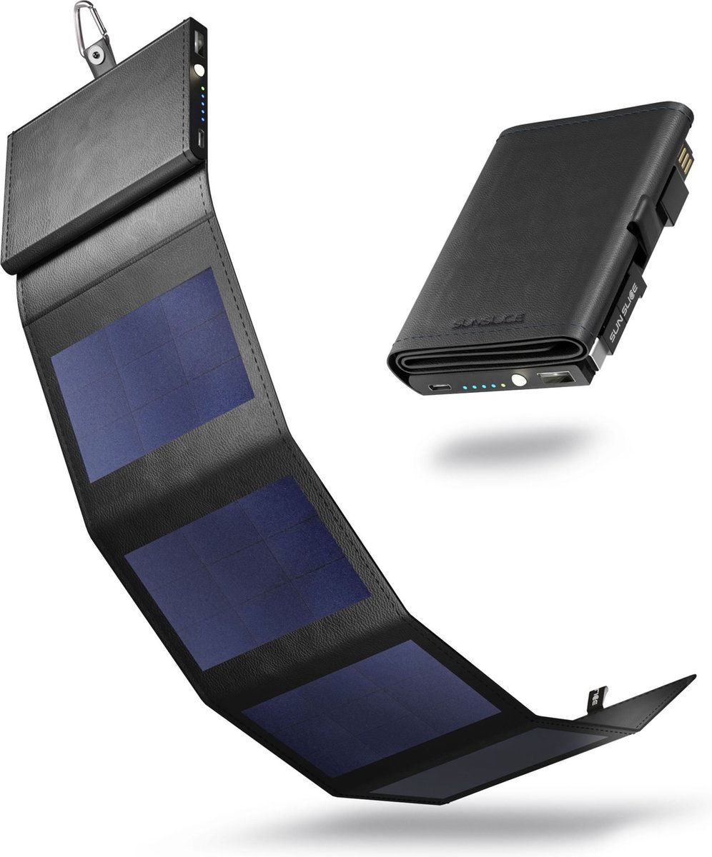 Draagbare Powerbank met zonnepanelen, SunPower Technologie, handig om GMS's op te laden, licht voor o.a. lange trektochten, zakformaat, compatibel met iPhone, Samsung, Huawei, zwart