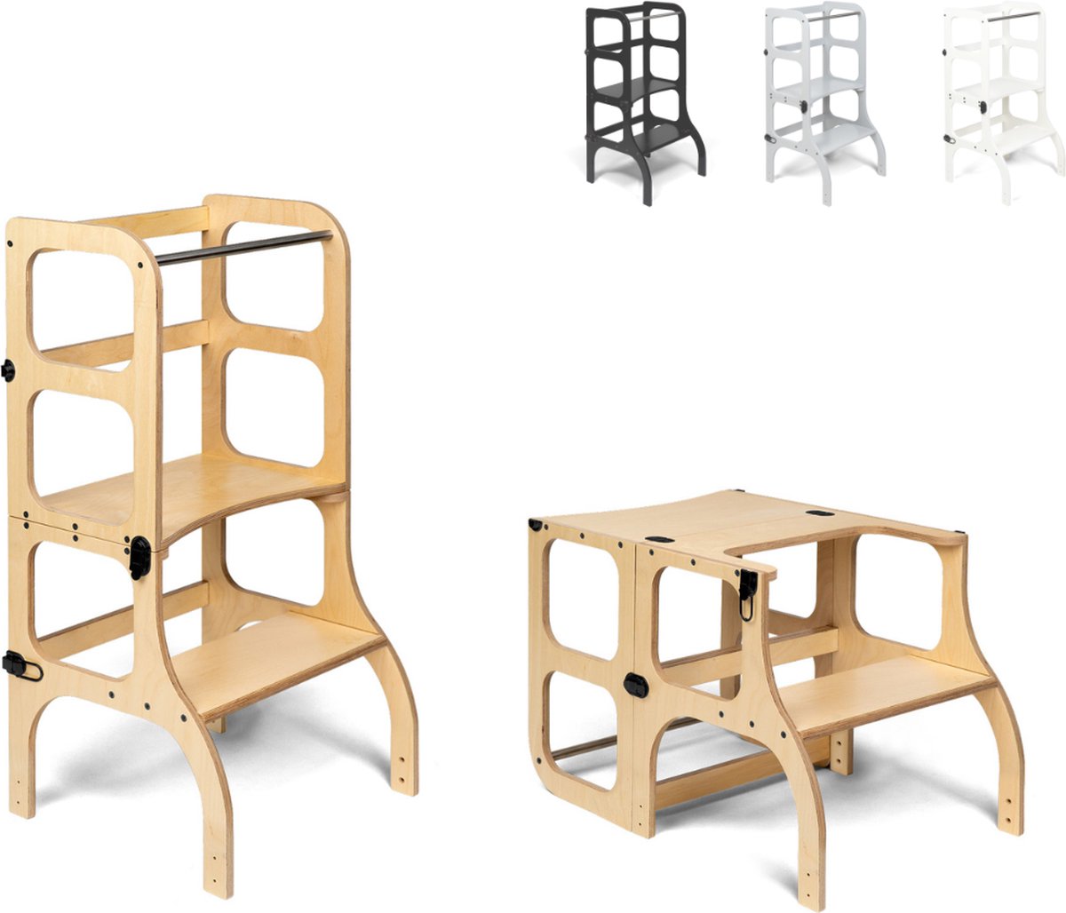 Ette Tete Step 'n Sit - Leertoren - Naturel met zilveren clips - Inklapbaar tot tafel en stoel - Learning Tower - Montessori inspired - Keukentrap - Keukenhulp - Leerstoel - Veilig -Duurzaam