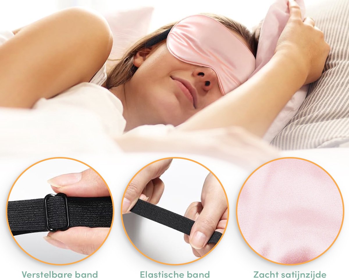 Loti Premium Zijden Slaapmasker + Opbergzakje - 100% Verduisterend Oogmasker - Verstelbaar - Blinddoek - Zijdezacht - Anti-Rimpel – Eye Mask – Sleep Mask – Roze — afbeelding 4