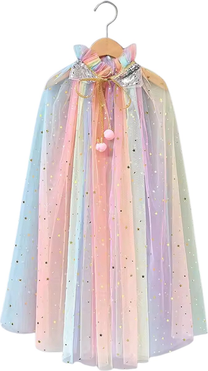 Joya Kids® Verkleedcape met Accessoires Regenboog kleuren | Prinsessencape | Cape Set | Unicorn | Meisje Verkleedset | Carnvalskleding Meisjes | Met Kroon, Staf, Handschoenen en Sieradenset — afbeelding 5