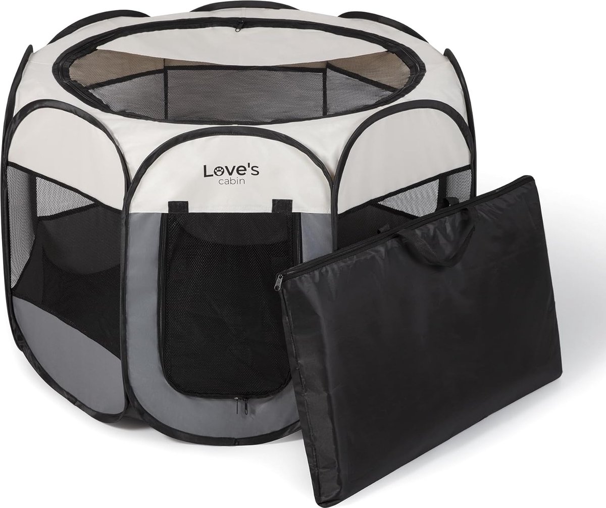 Puppyren 114 x 114 x 58 cm, grote puppyren voor binnen en buiten, draagbare hondenbox, opvouwbare pop-up hondenstal voor woning, met draagtas, kattenverblijf, afneembaar dak