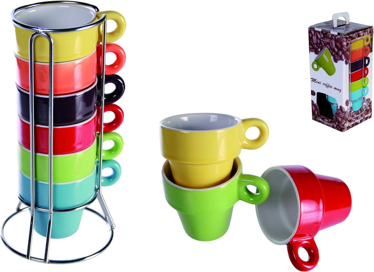 Espresso set van 6 mini espressokopjes met metalen voet Materiaal : Keramiek Afmetingen : 5 x 7 cm