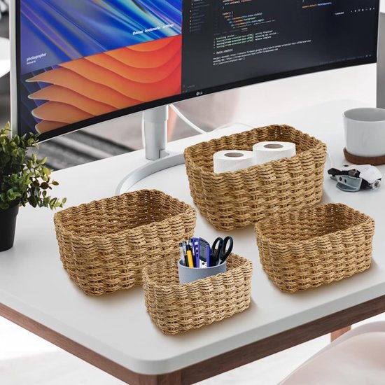 3x stuks rotan gevlochten opbergmand/opbergbox kunststof - Mintgroen - 15 x 28 x 13 cm | Fun en Feest