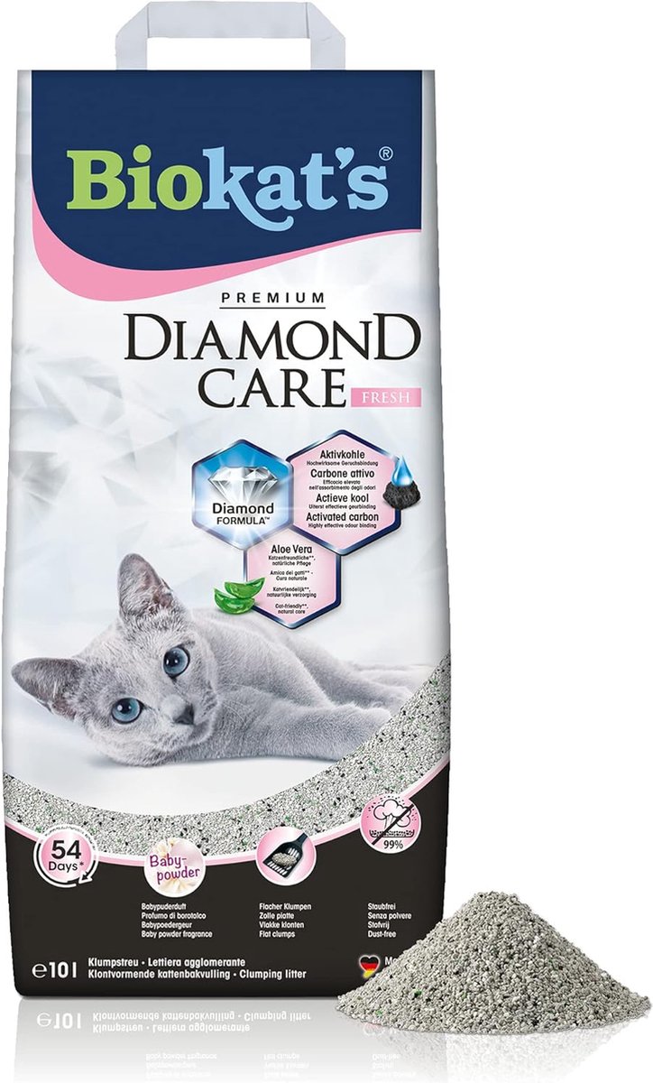 Biokat's Diamond Care Fresh, geurend - Fijne kattenbakvulling met actieve kool en aloë vera - 1 zak (1 x 10 l)