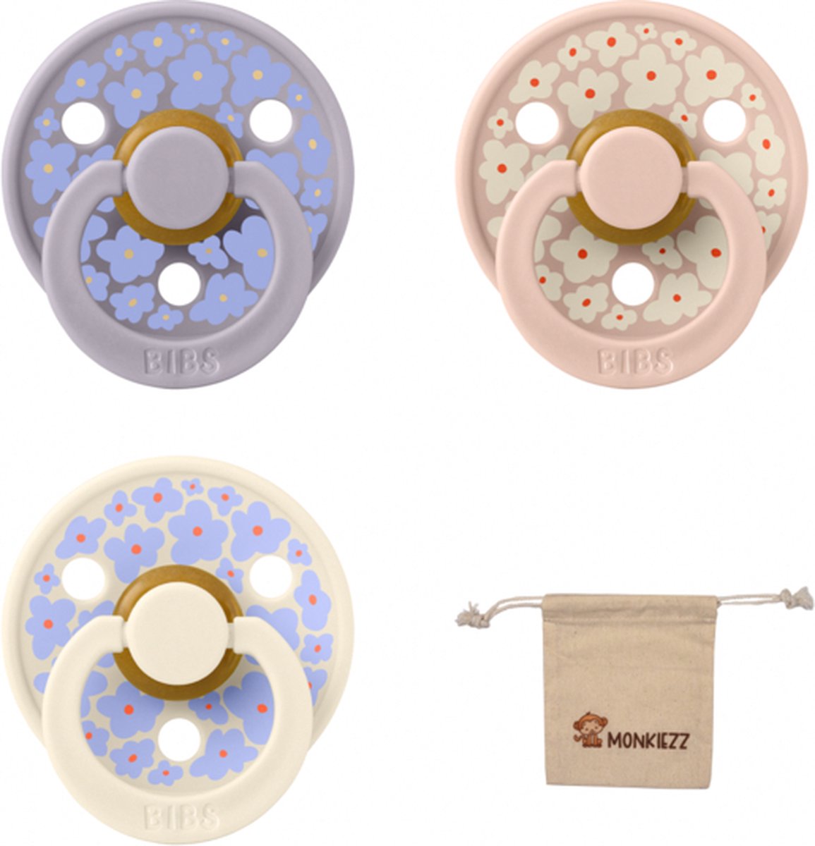 Goedkoopste Bibs studio fopspenen maat 1 (0-6 maanden) Set 3 fopspenen speenzakje - Jasmin Field Ivory, Blush, Fossil Grey