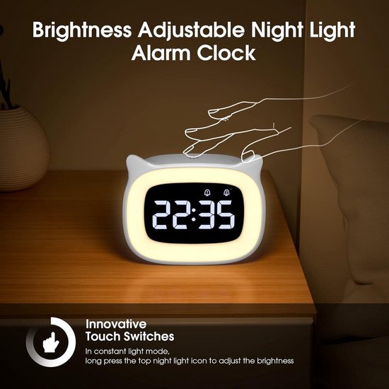 Réveil Enfant Avec Veilleuse RGB - 18 Sonneries, Double Alarme Et Fonction Snooze | Design Chat Mignon