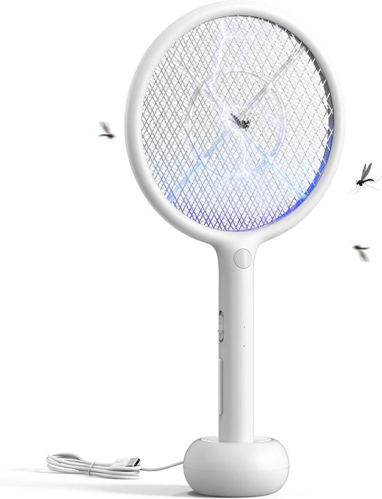 Elektrische Vliegenmepper, GooQand 2 in 1 4000V USB Oplaadbare Elektrische Vliegenmepper met Oplaadbasis, Elektrische Vliegenvanger Insectendoder voor Muggen, Vliegen, Bijen, Motten(1 stuk-zwart