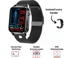 Smartwatch Sporthorloge - Glucosemeter - ECG Hartslagmeter - Sporten - Stappenteller - IP68 Waterdicht - Zwart