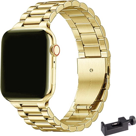 Oyster Band - Or - Pour iWatch 42 mm - 44 mm - 45 mm - 49 mm - Bracelet à maillons classique en métal de luxe en acier inoxydable avec boucle à poussoir - Compatible avec Apple Watch Series Ultra 9 8 7 6 5 4 3 2 1 SE grands modèles