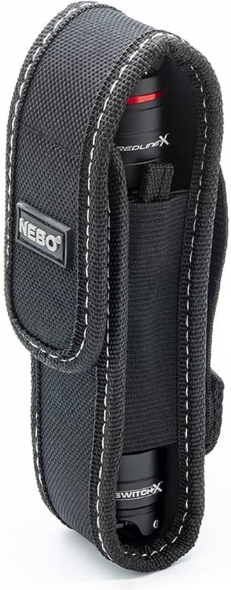 Zwarte Nebo-holster met een zaklamp met rode ring en de tekst 'REDLINE X' en 'SWITCH X'.