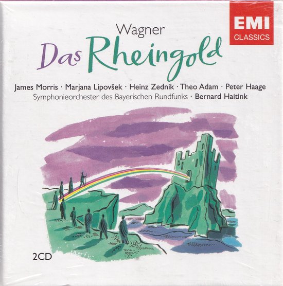 De hoes van de "Das Rheingold" CD met een illustratie van een kasteel met regenboog.
