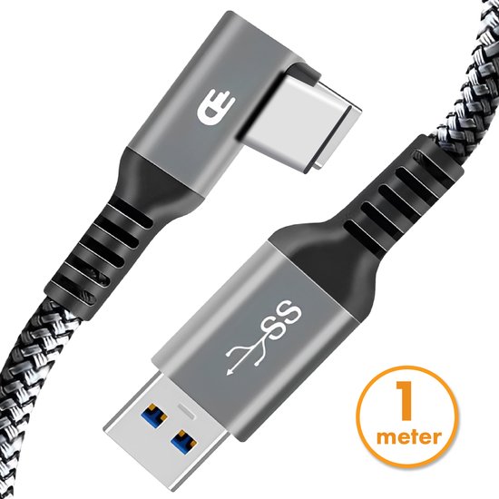 Foto: Drivv usb naar usb c kabel haaks 2024 model usb c data en oplaadkabel fast charge snellader 1 meter kort geschikt voor samsung iphone 15 en meer grijs