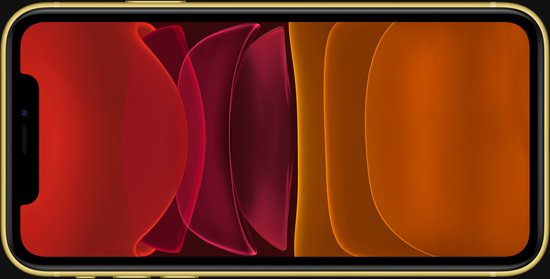Gouden iPhone 11 met scherm en rood-oranje wallpaper.