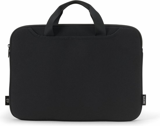 Sacoche d'ordinateur portable noire avec poignées, une fermeture éclair et le logo DICOTA sur le côté.