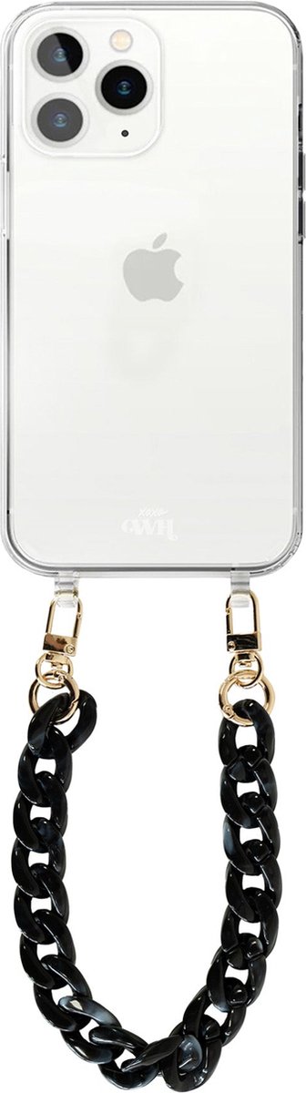 xoxo Wildhearts silicone case met koord - Transparant telefoonhoesje met koord - telefoonketting - Marble Black - Kort koord - Cord Case - geschikt voor Apple iPhone 11 Pro hoesje - Ketting met marmere look - marmer - zwart