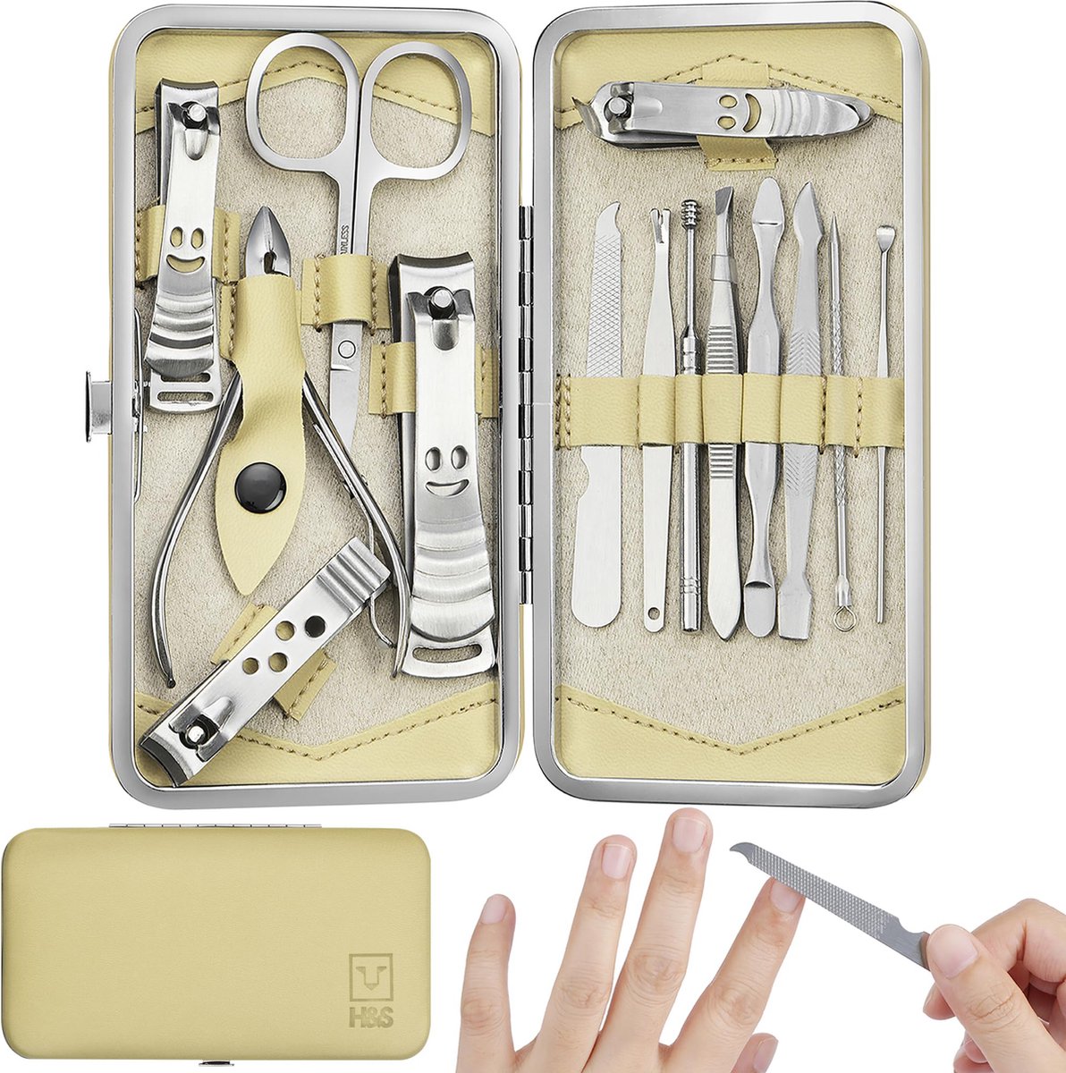 H&S Manicureset - Pedicure- en manicureset voor vrouwen en mannen - 14 stuks - Roestvrijstalen nagelknipper en nagelriemverwijderaar - Cutter, trim- en verzorgingsgereedschap - met beige leren etui