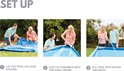 Drie afbeeldingen die de opzet van een Intex zwembad demonstreren: uitrollen, monteren en vullen.