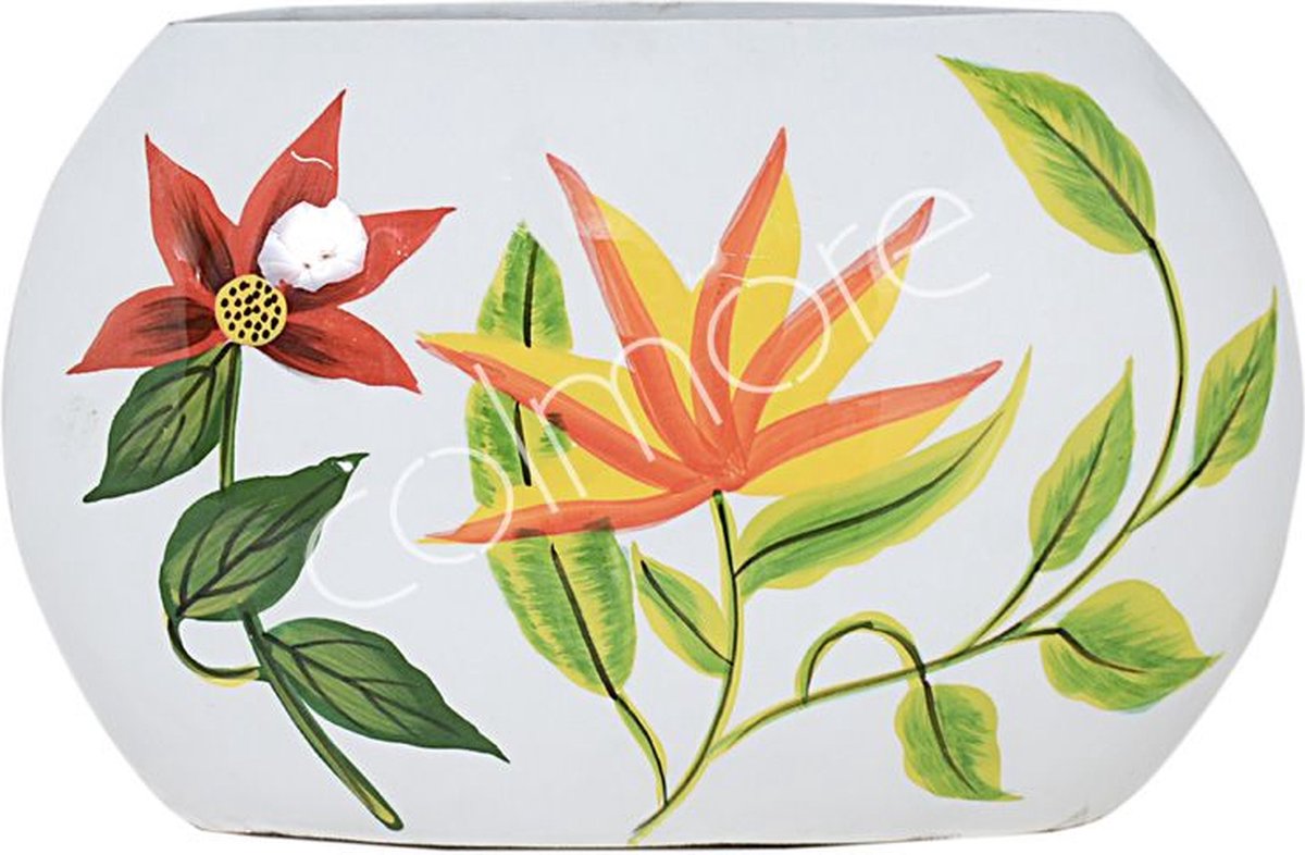 VAAS WIT MET BLOEMEN - HANDGESCHILDERD - EMAILLE