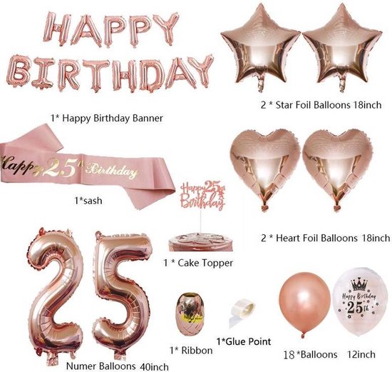 Roségouden verjaardagsdecoratiepakket met 'Happy Birthday' banner, cijferballonnen 25, ster- en hartballonnen, sash, taarttopper, lint, tape en ronde ballonnen.