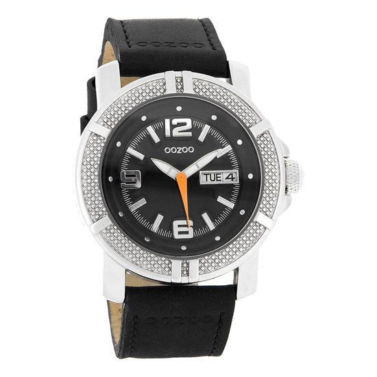 OOZOO Timepieces - Zilverkleurige horloge met zwarte leren band - C4109