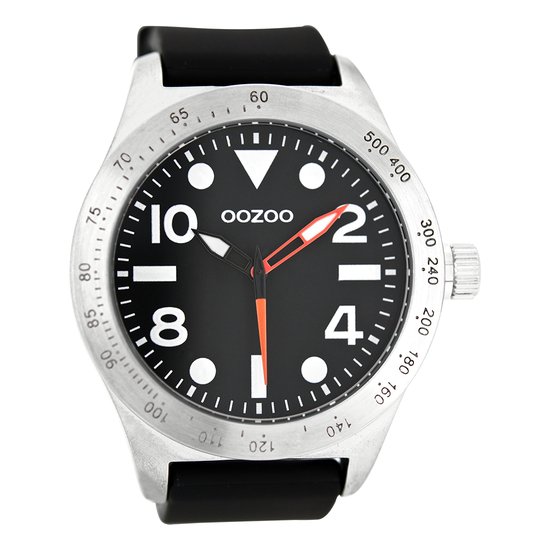 OOZOO Timepieces - Zilverkleurige horloge met zwarte rubber band - C6753