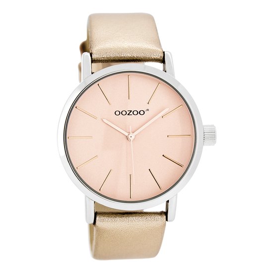 OOZOO Timepieces - Zilverkleurige horloge met rosé kleurige leren band - JR278