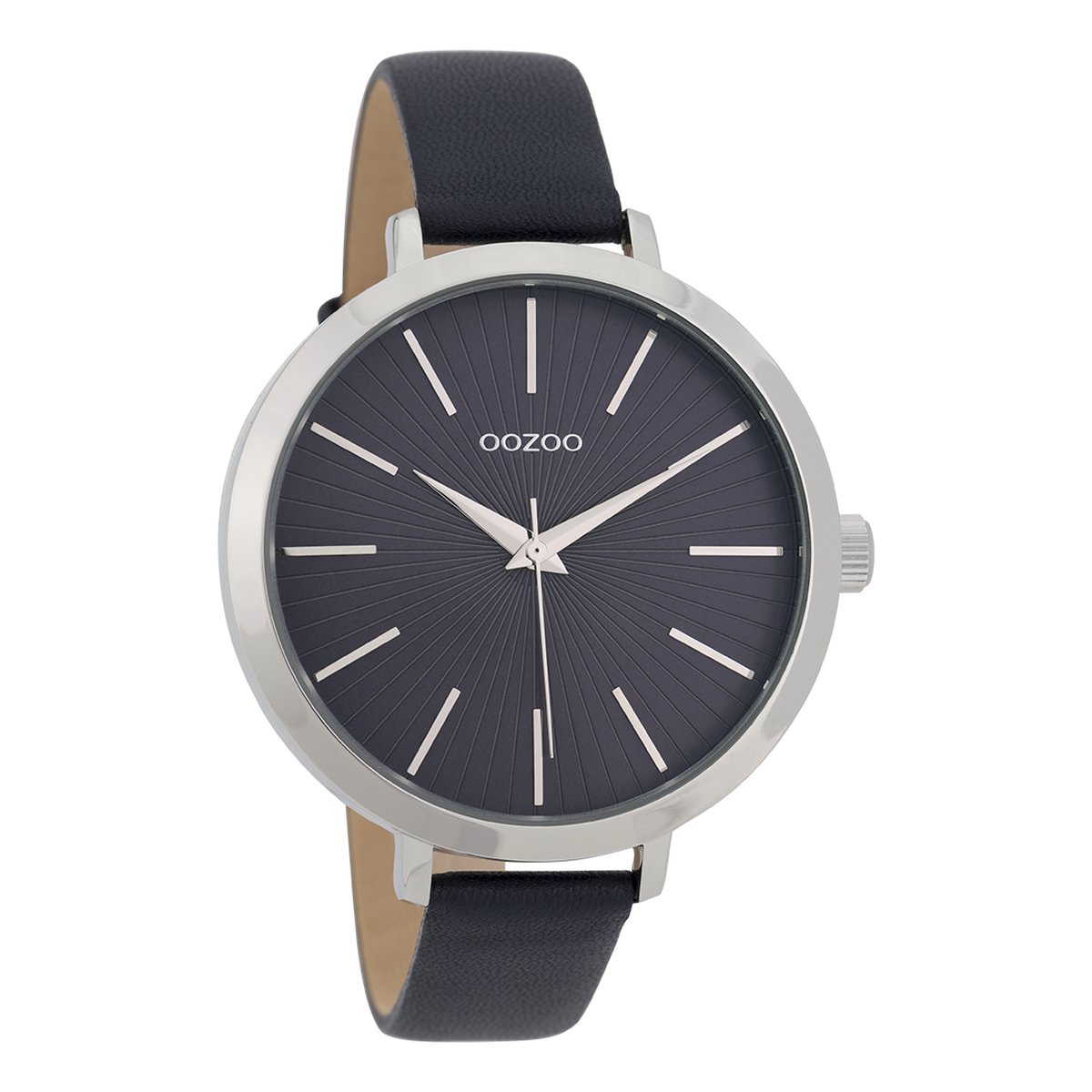 OOZOO Timepieces - Zilverkleurige horloge met donker blauwe leren band - C9671