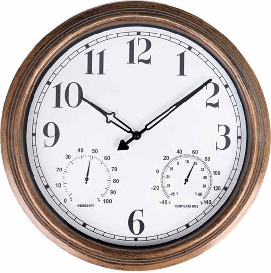 Horloge Murale - Etanche - Horloge Extérieure - Diamètre 40cm - Mouvement Silencieux - Température / Humidité - Hygromètre / Thermomètre - Or
