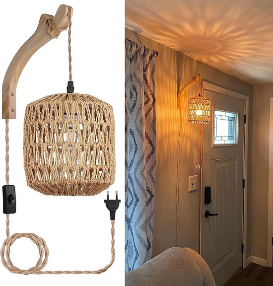 D&B Wandlamp Rotan - Vintage - Binnen Lamp - E27 - 20 x 17 x 25 Cm - Retro Nachtlamp - Slaapkamer, Woonkamer en Hal