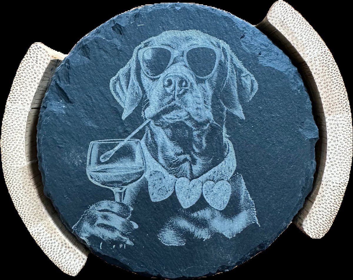 Secret de Gourmet Onderzetters in bamboe houder - 6x - antraciet - leisteen - 10 cm - type Hond