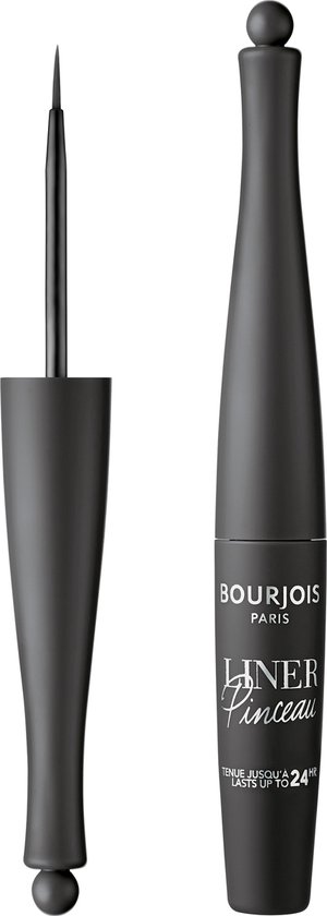 Een zwarte Bourjois Liner Pinceau eyeliner in zijn verpakking, met de applicator ernaast.